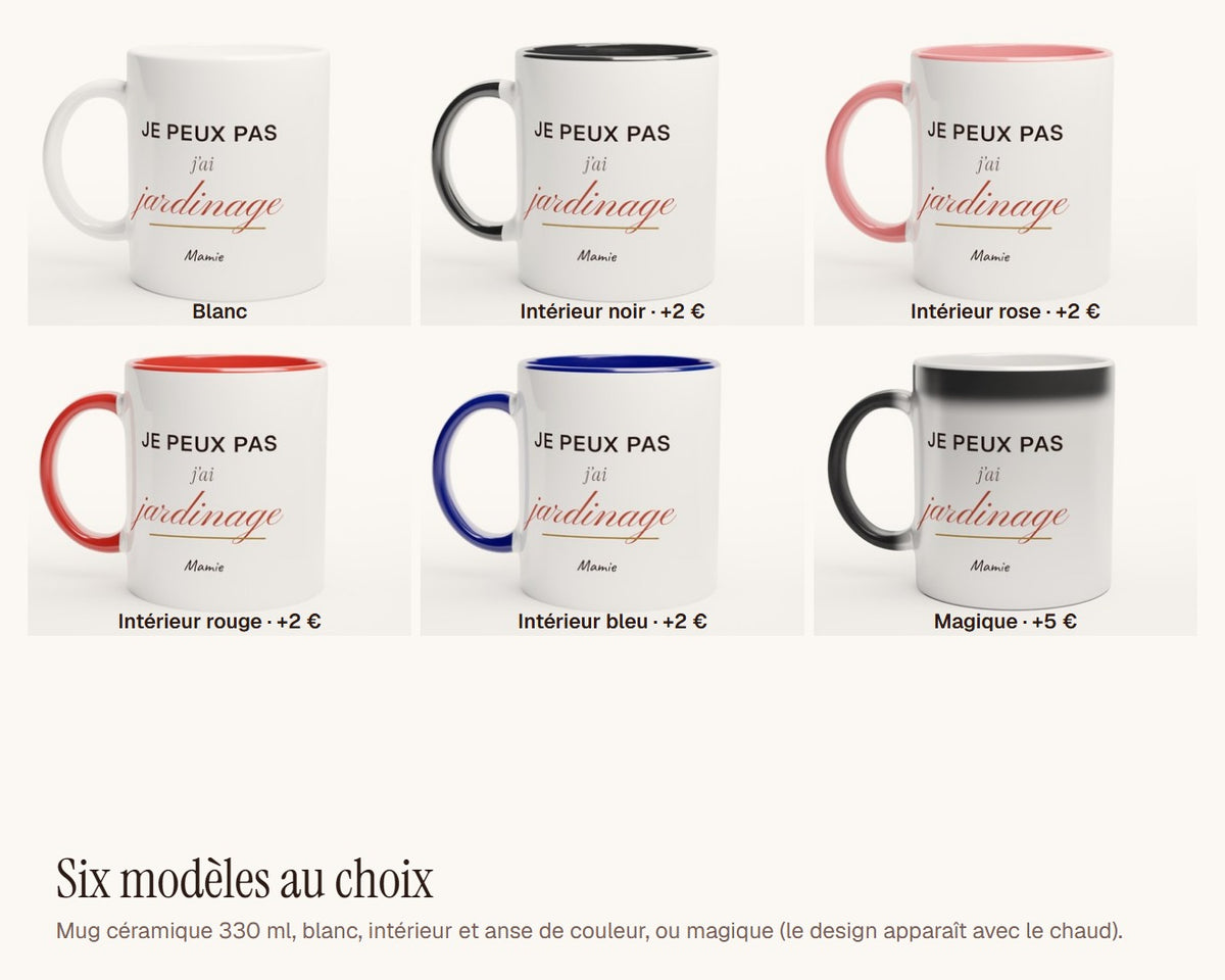 Mug humour « Je peux pas, j'ai jardinage » personnalisé – les six modèles de mug