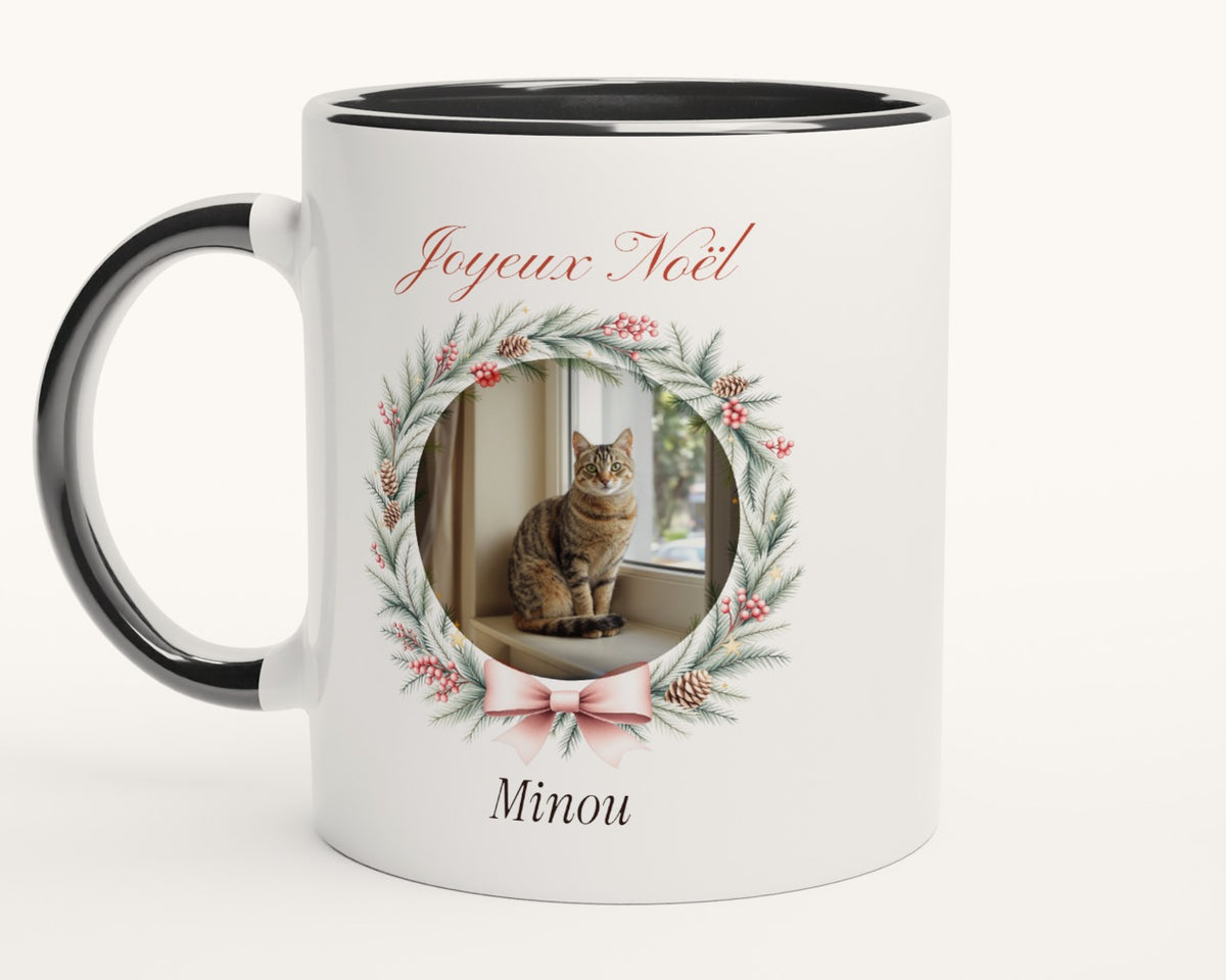 Mug de Noël avec la photo de votre chat – intérieur et anse noirs