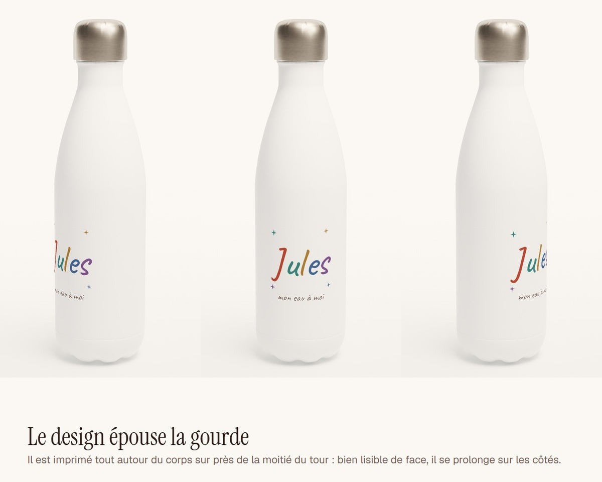 Gourde enfant personnalisée avec son prénom en couleurs – le design vu de face et de côté