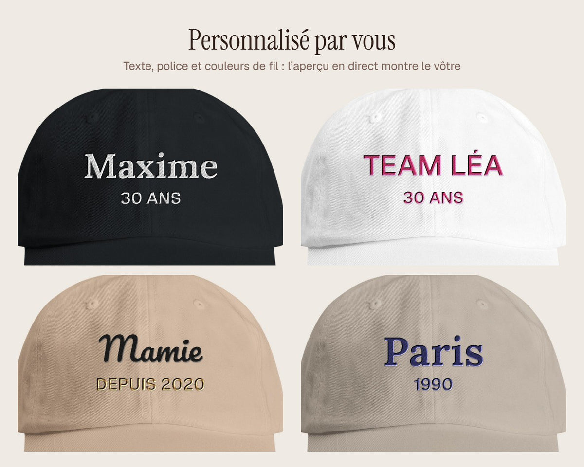 Exemples de personnalisation : Casquette brodée anniversaire avec prénom et âge