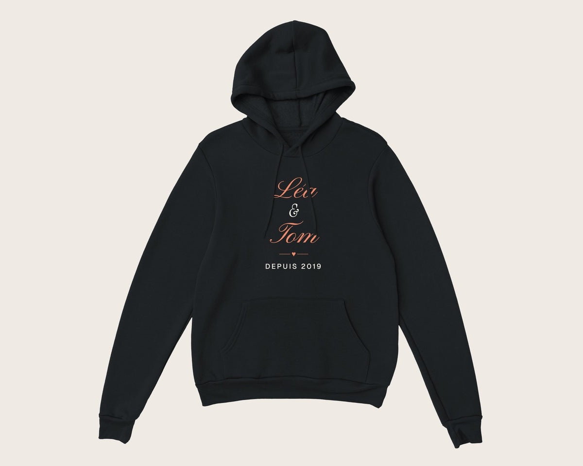Sweat couple personnalisé avec vos prénoms – sweat à capuche noir