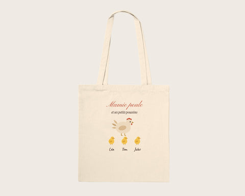 Tote bag « Mamie poule » personnalisé avec les prénoms – tote bag en coton naturel