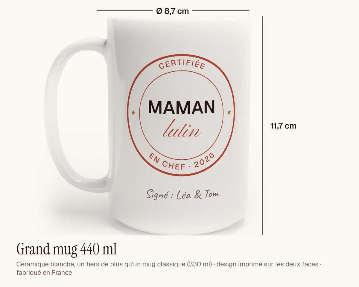 Mug « Maman lutin en chef » personnalisé – grand mug 440 ml, 11,7 cm de haut
