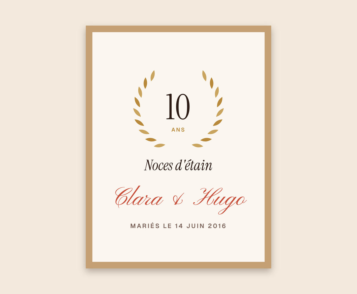 Affiche anniversaire de mariage personnalisée (noces) – Affiche encadrée bois