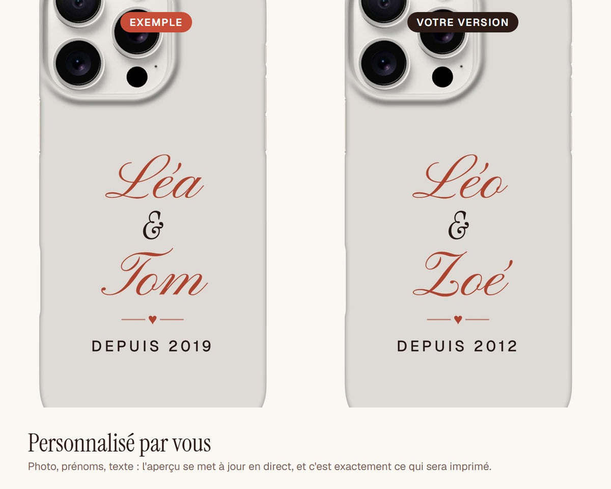 Coque de téléphone couple personnalisée avec vos prénoms – exemple de personnalisation