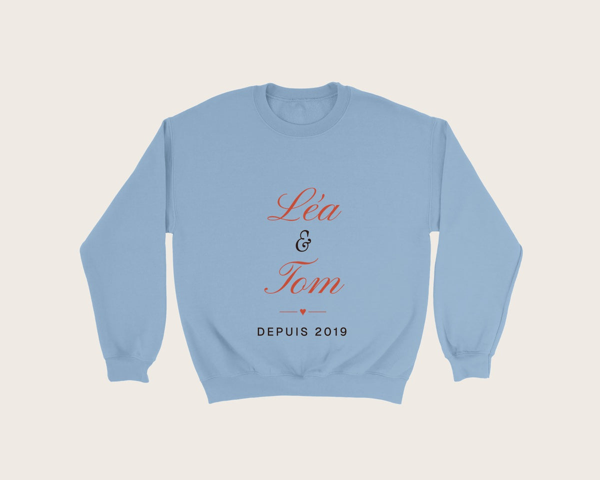 Sweat couple personnalisé avec vos prénoms – sweat col rond bleu ciel
