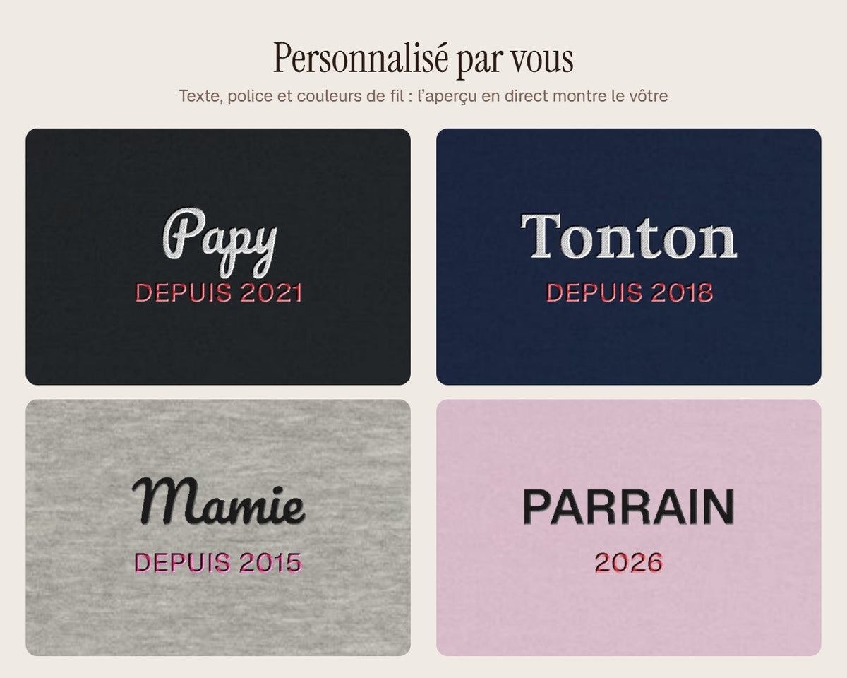 Exemples de personnalisation : Sweat brodé « Maman depuis… » personnalisé