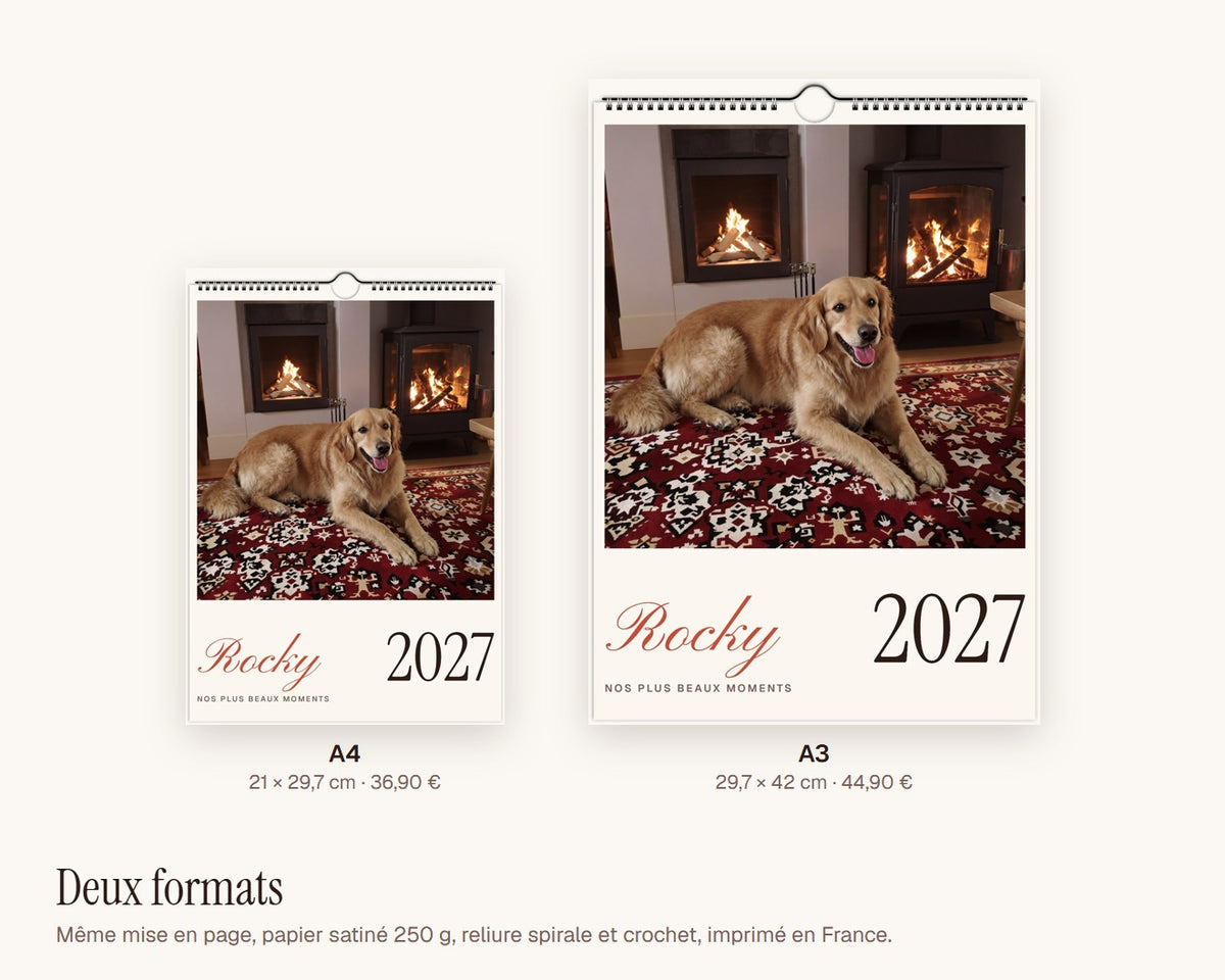 Calendrier photo 2027 de votre chien – formats A4 et A3