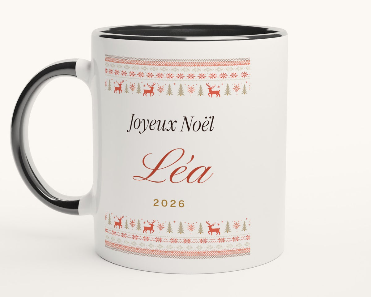 Mug « Pull de Noël » personnalisé avec prénom – intérieur et anse noirs