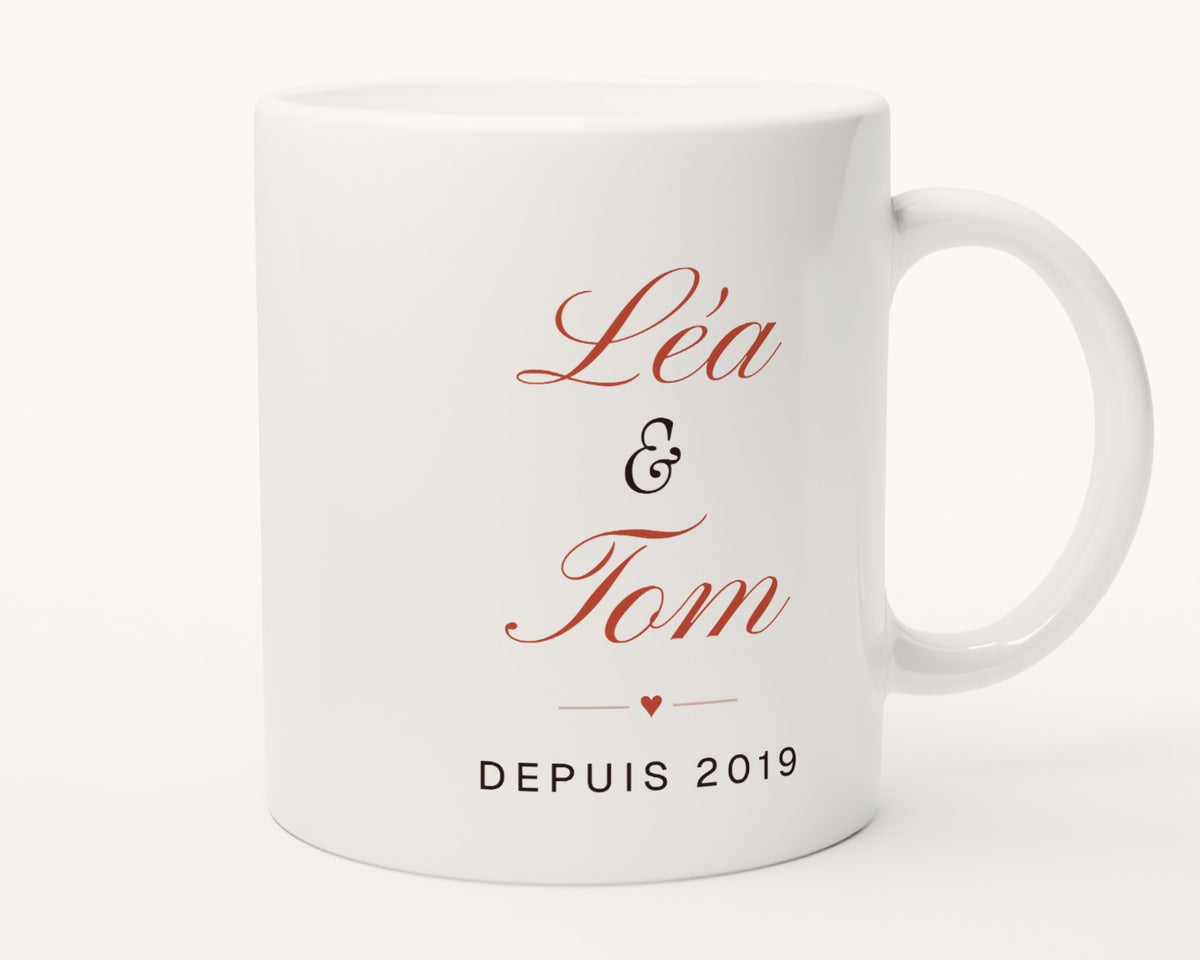 Mug personnalisé couple avec vos deux prénoms – autre face, anse à droite