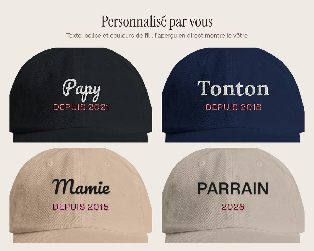Exemples de personnalisation : Casquette brodée « Maman depuis… » personnalisée