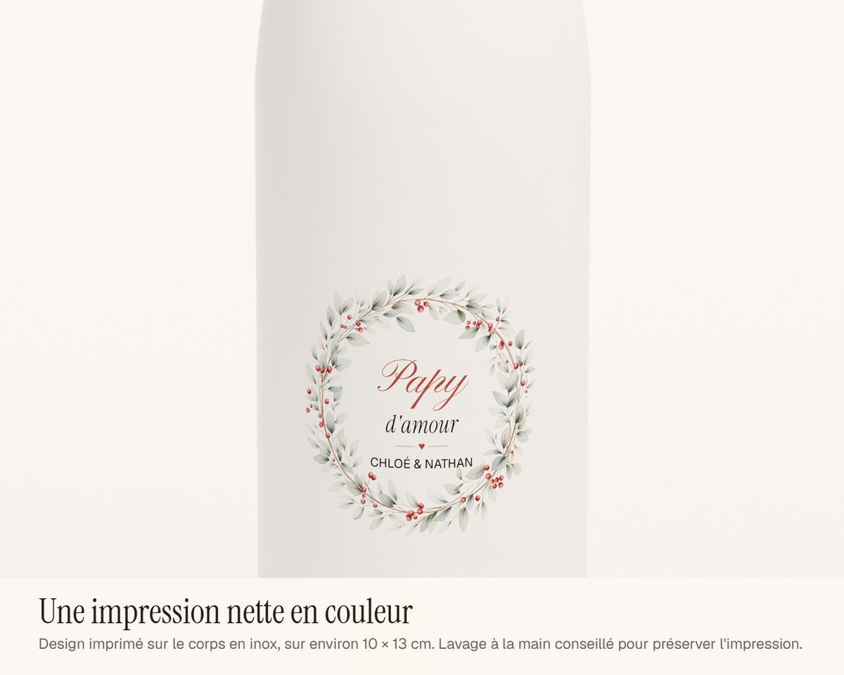 Gourde « Papy d'amour » personnalisée avec les prénoms – gros plan sur l'impression