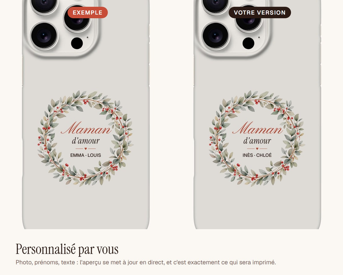 Coque de téléphone « Maman d'amour » personnalisée avec les prénoms – exemple de personnalisation