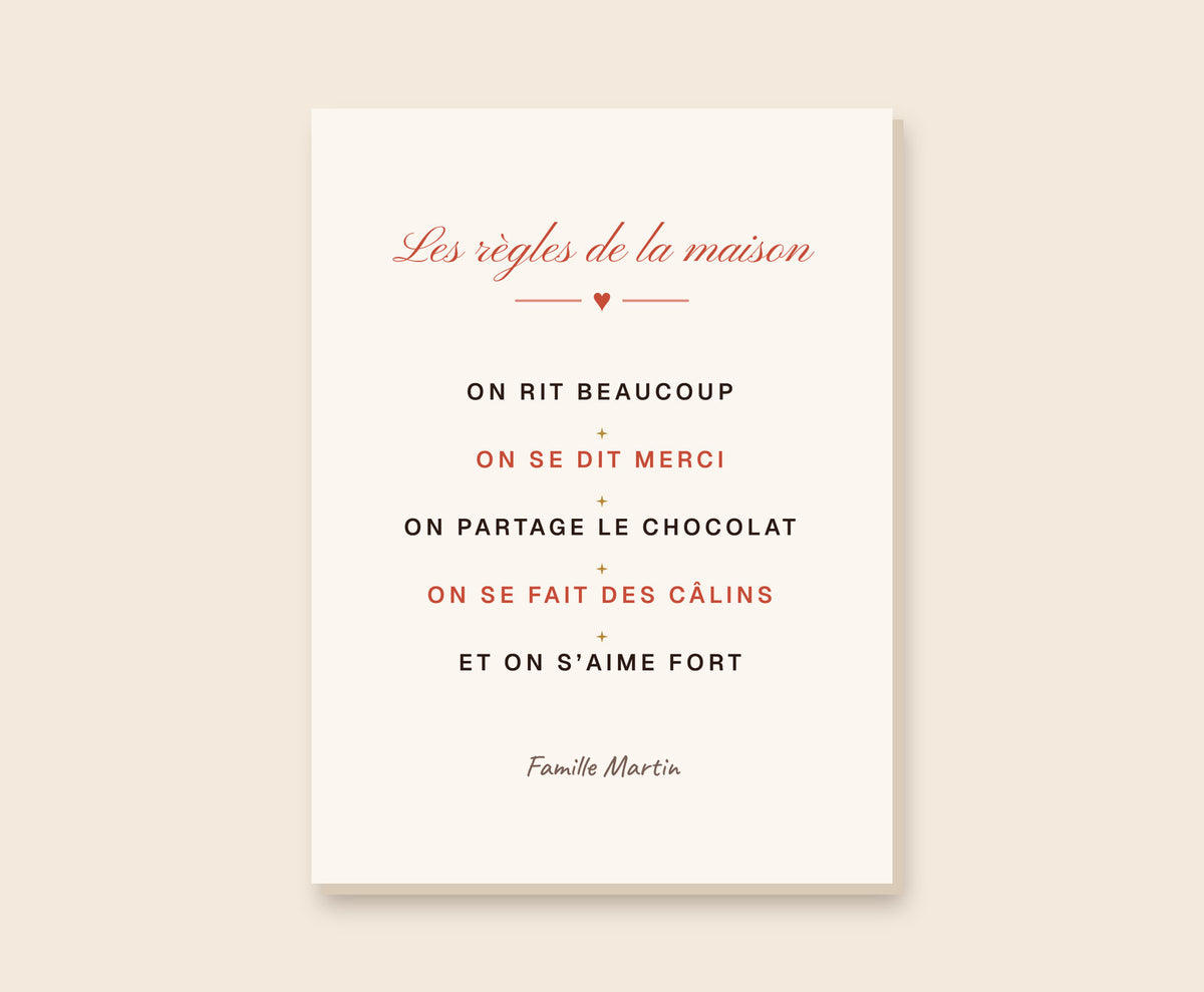 Affiche « Les règles de la maison » personnalisée – Toile 30×40 cm