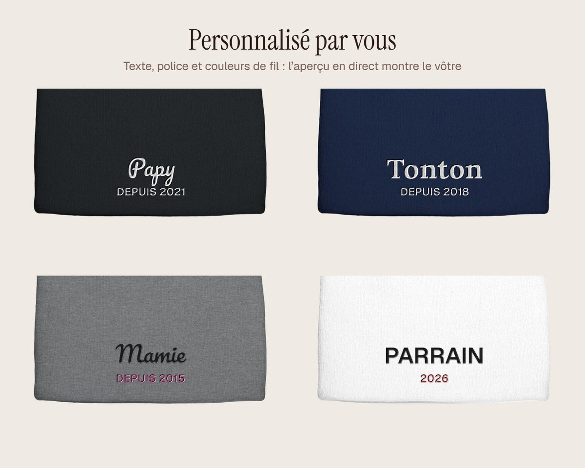 Exemples de personnalisation : Bonnet brodé « Mamie depuis… » personnalisé