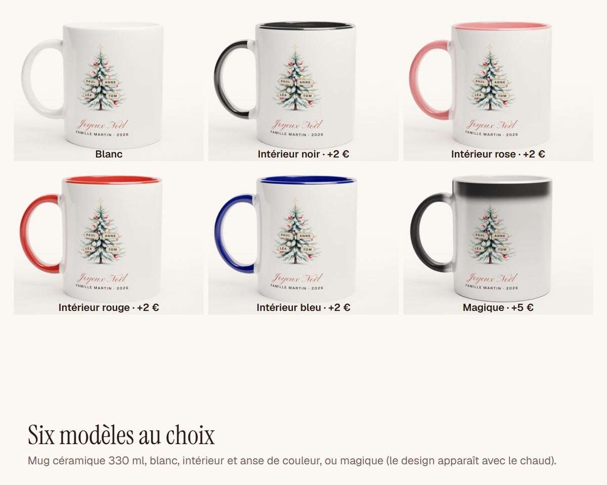 Mug sapin de Noël personnalisé avec les prénoms de la famille – les six modèles de mug