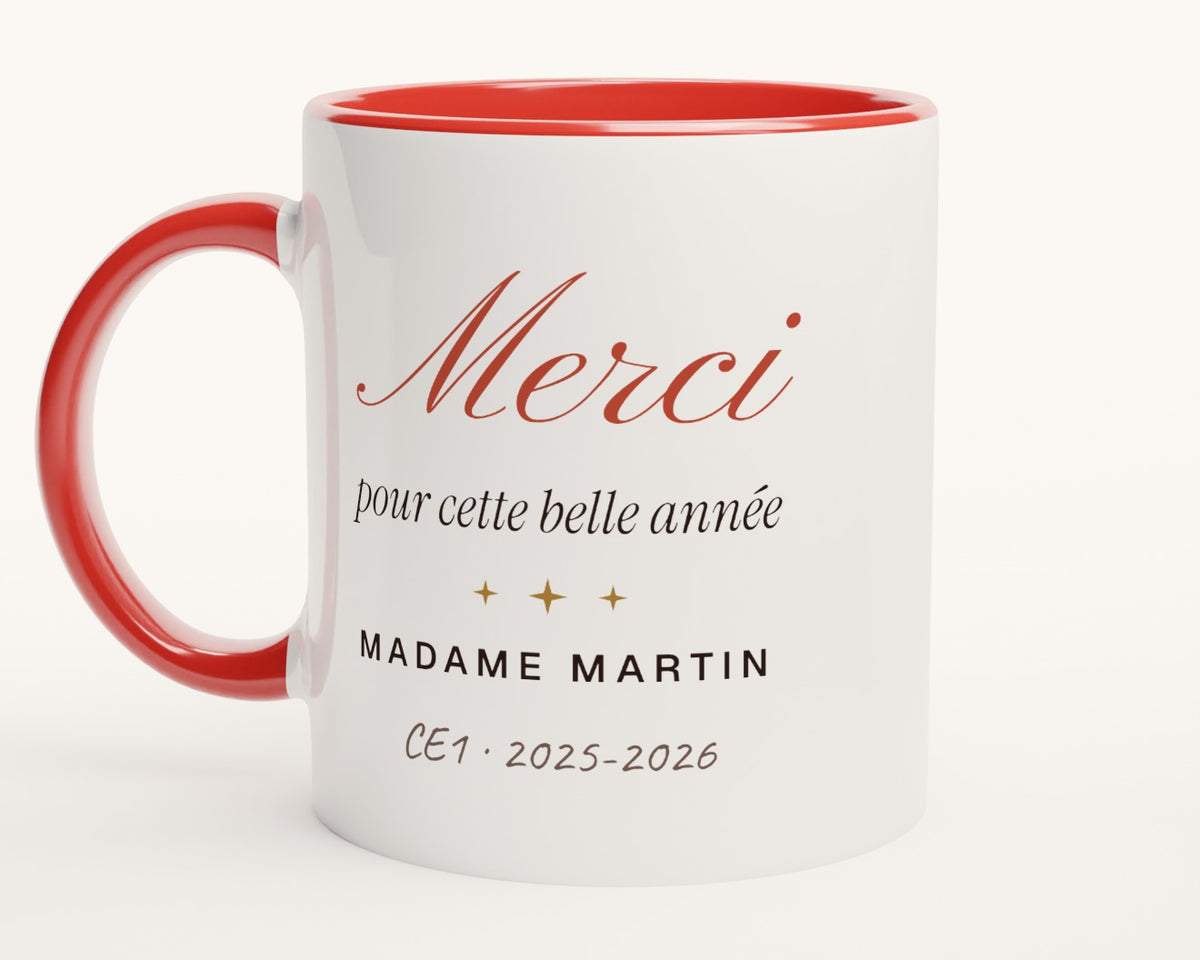 Mug personnalisé « Merci » pour professeur – intérieur et anse rouges