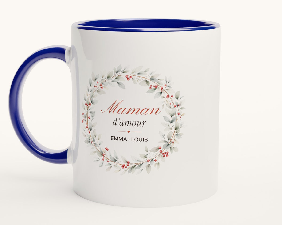 Mug personnalisé « Maman d'amour » avec les prénoms – intérieur et anse bleus