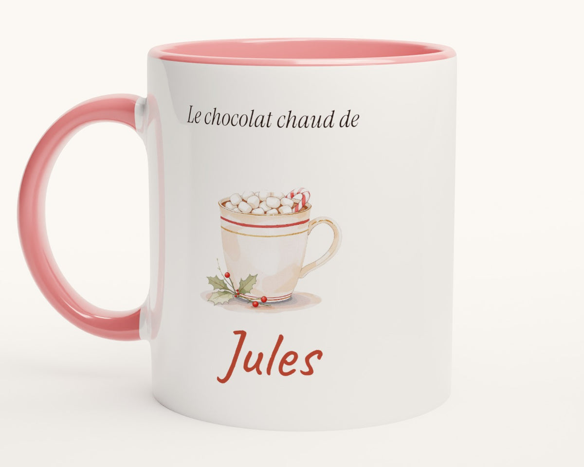Mug enfant « Le chocolat chaud de… » personnalisé – intérieur et anse roses