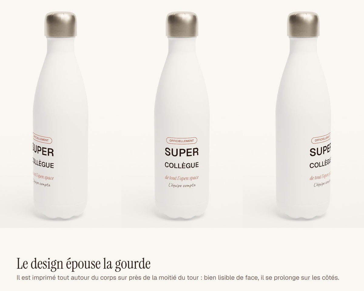 Gourde « Super collègue » personnalisée – le design vu de face et de côté