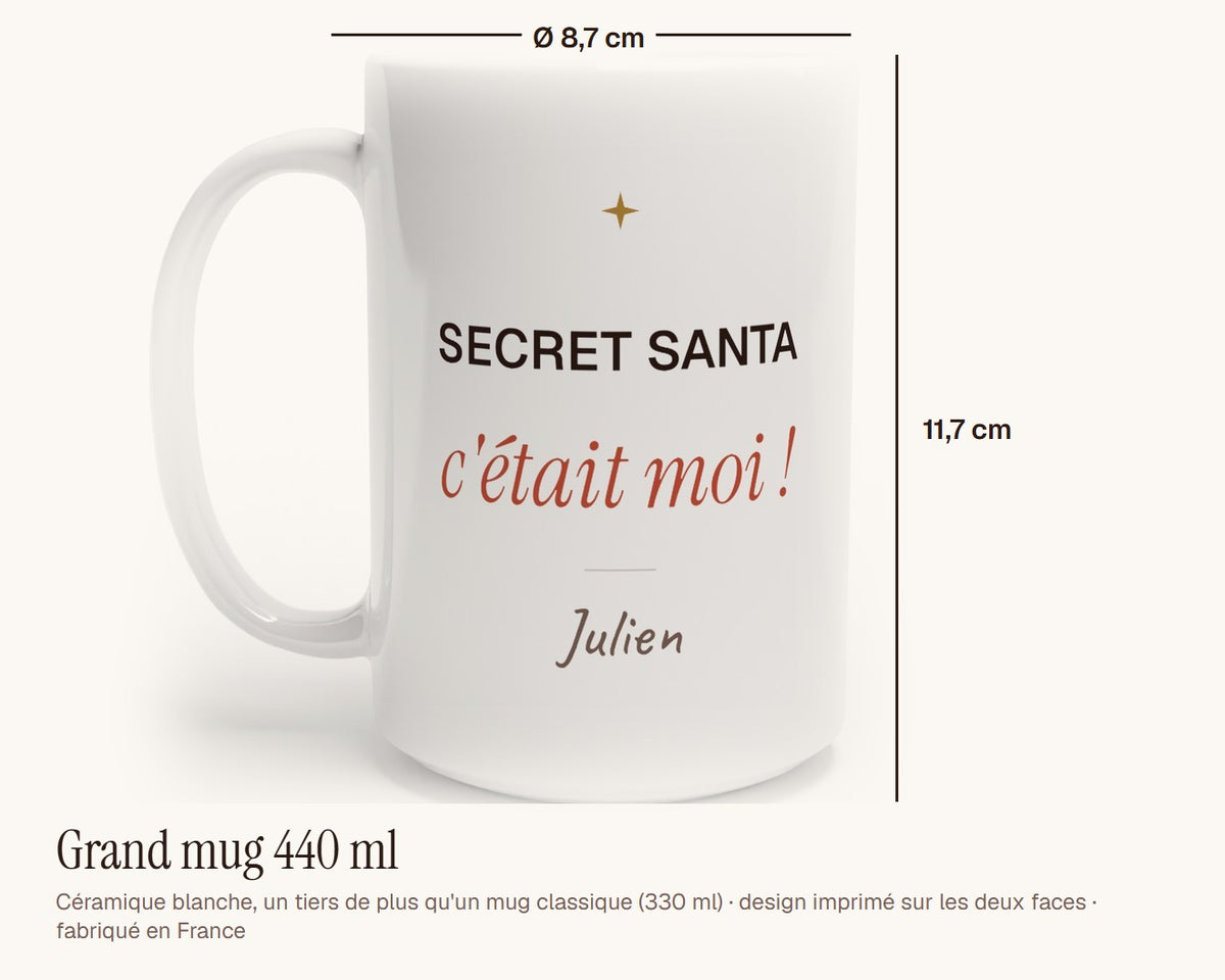 Mug « Secret Santa, c'était moi ! » personnalisé – grand mug 440 ml, 11,7 cm de haut