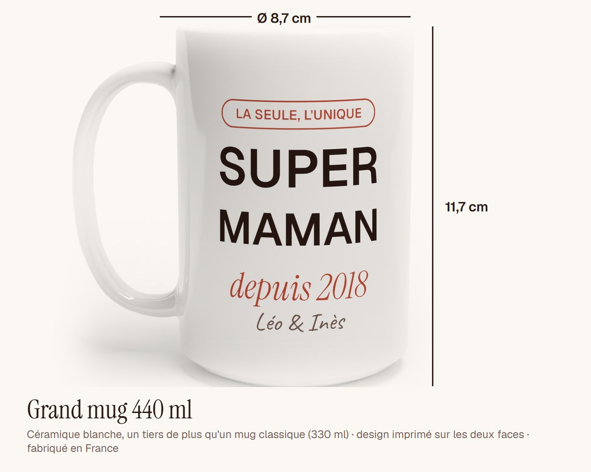 Mug personnalisé « Super Maman » avec l'année et les prénoms – grand mug 440 ml, 11,7 cm de haut