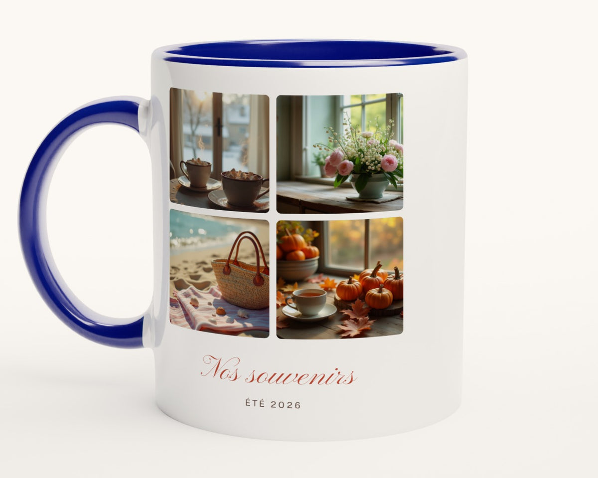 Mug collage 4 photos personnalisé – intérieur et anse bleus