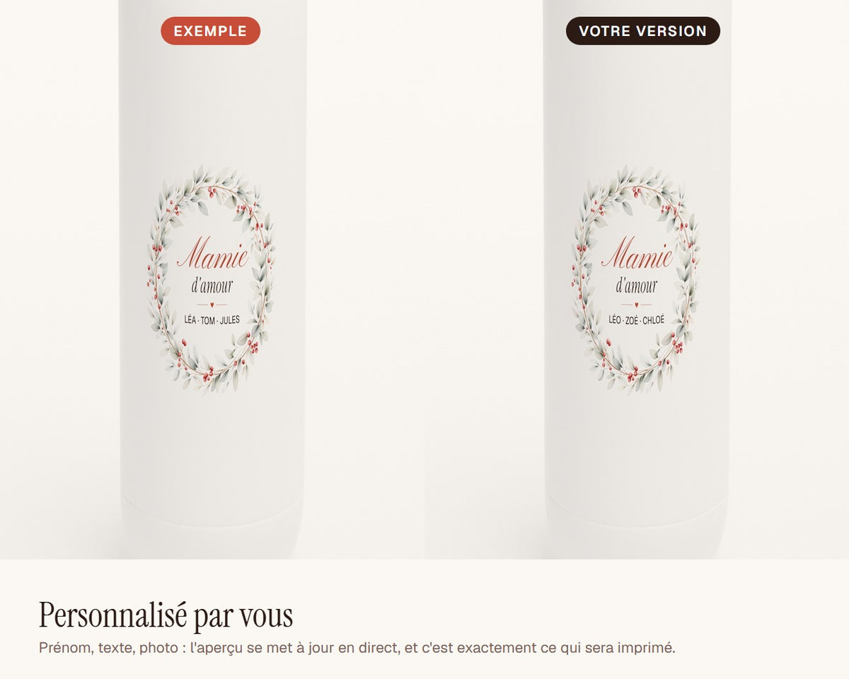 Gourde « Mamie d'amour » personnalisée avec les prénoms – exemple de personnalisation