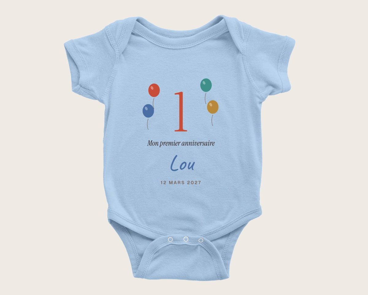 Body « Mon premier anniversaire » personnalisé – body manches courtes bleu