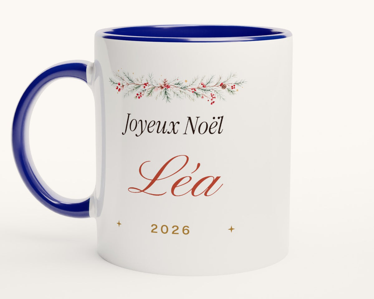 Mug de Noël personnalisé avec prénom – intérieur et anse bleus