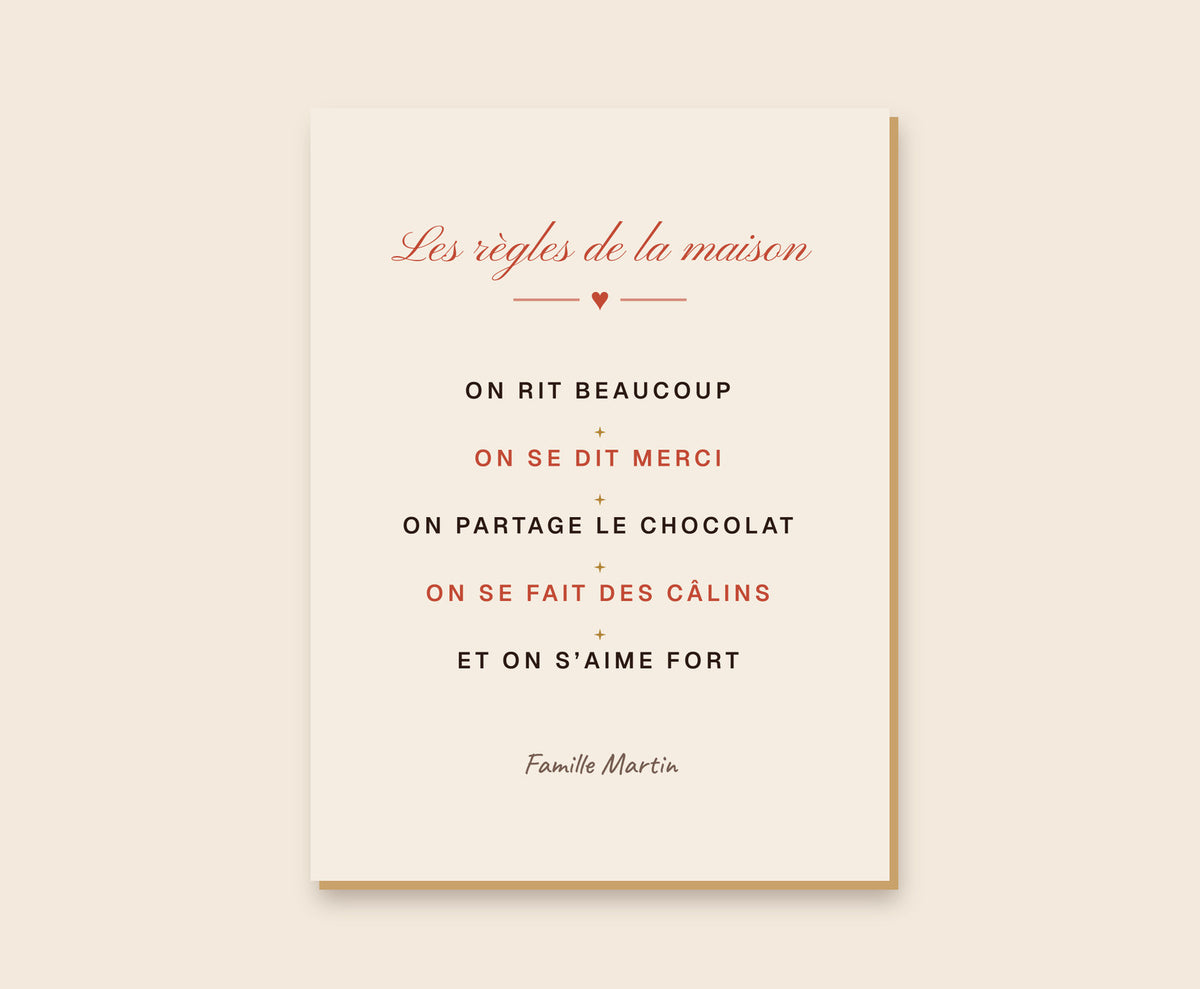 Affiche « Les règles de la maison » personnalisée – Tableau bois 30×40 cm
