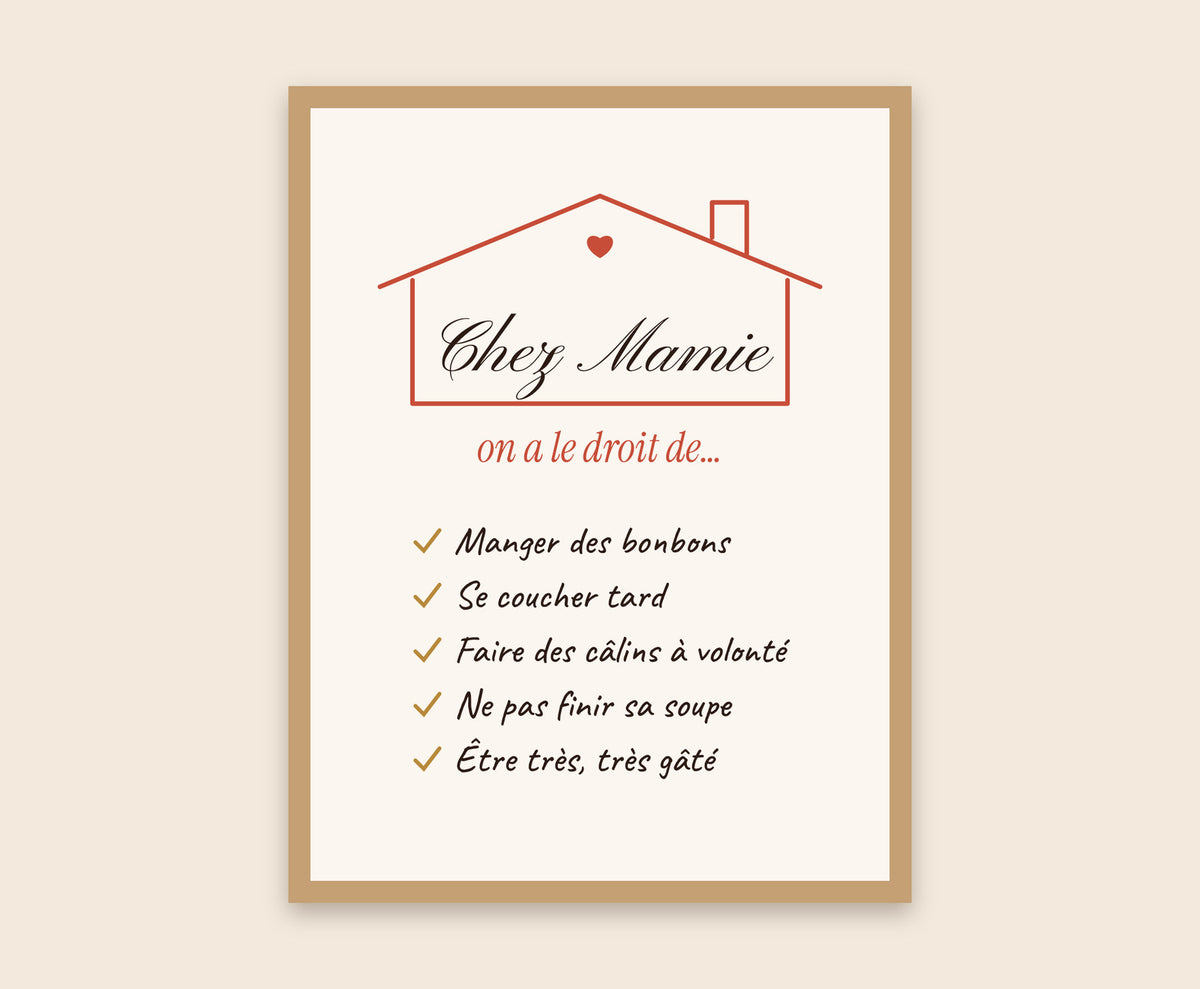 Affiche « Chez Mamie, on a le droit de… » personnalisée – Affiche encadrée bois