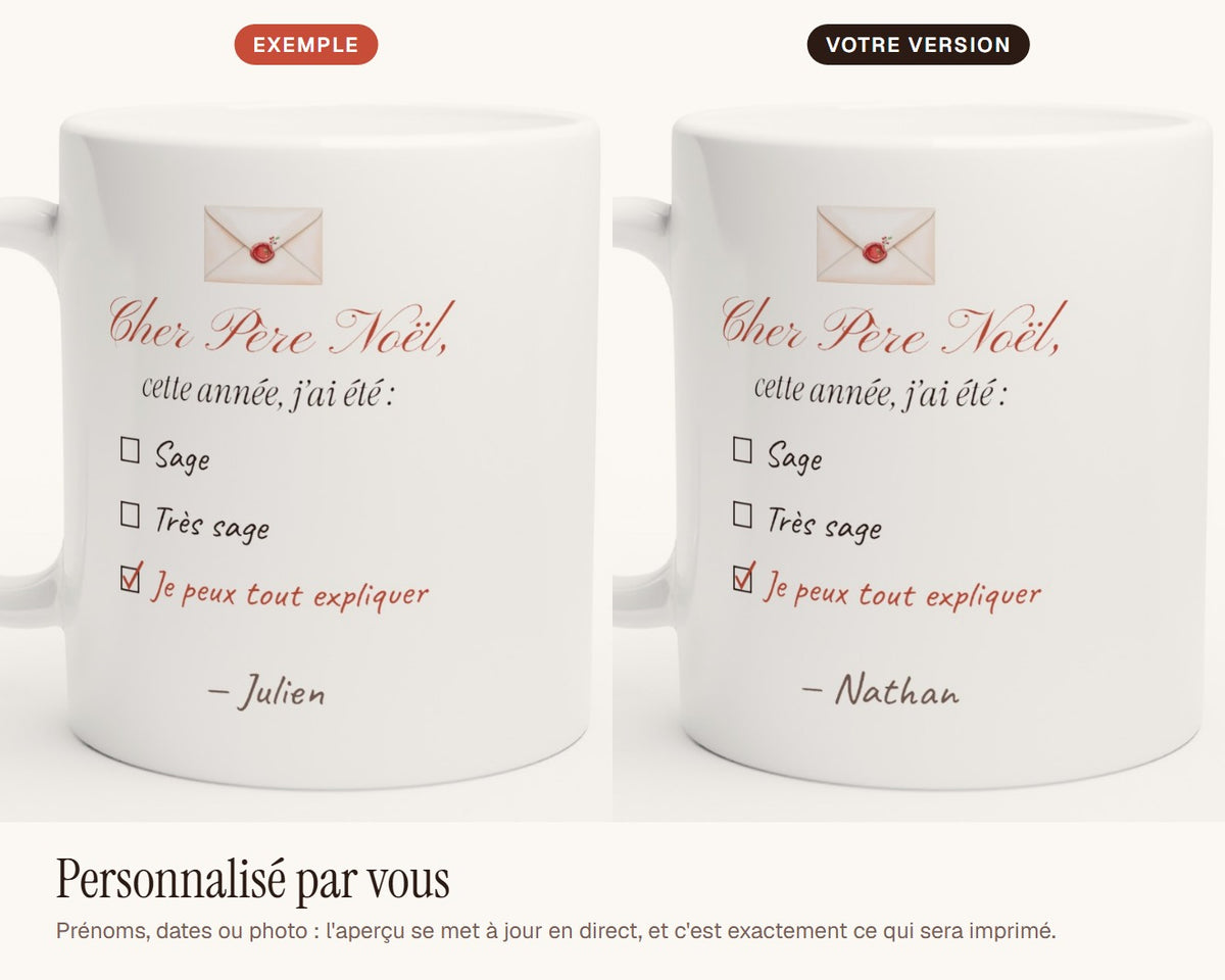 Mug humour « Cher Père Noël, cette année j'ai été… » personnalisé – exemple de personnalisation