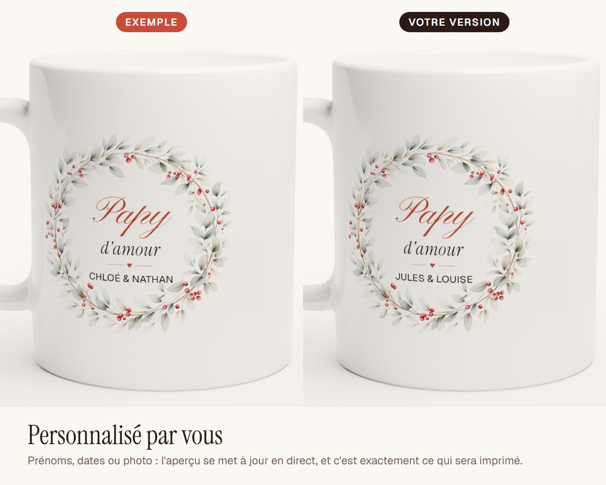 Mug personnalisé « Papy d'amour » avec les prénoms – exemple de personnalisation