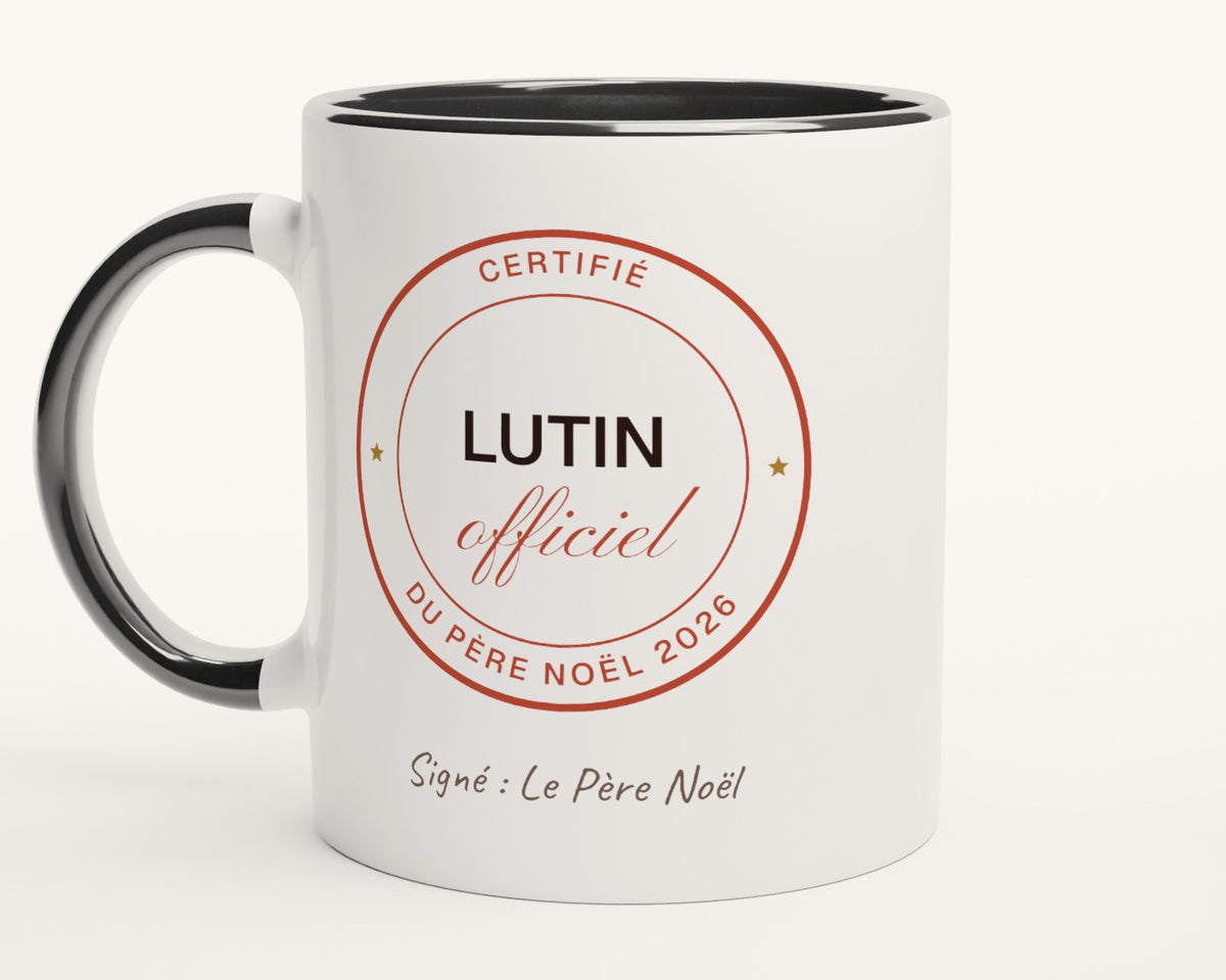 Mug enfant « Lutin officiel du Père Noël » personnalisé – intérieur et anse noirs