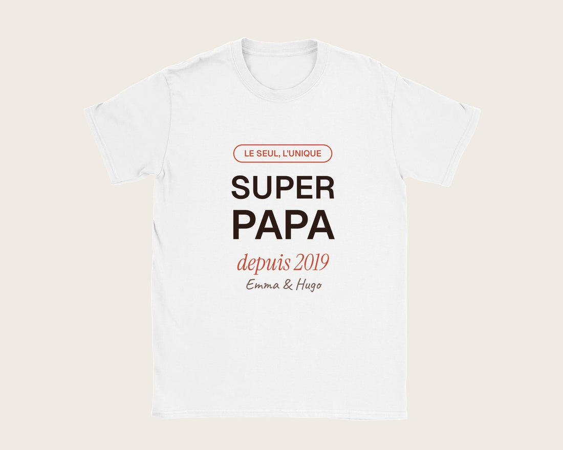 T-shirt « Super Papa » personnalisé avec les prénoms – t-shirt blanc