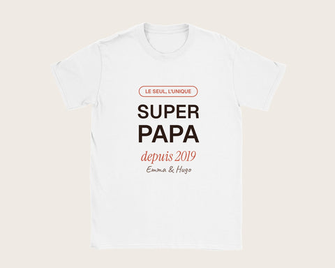 T-shirt « Super Papa » personnalisé avec les prénoms – t-shirt blanc