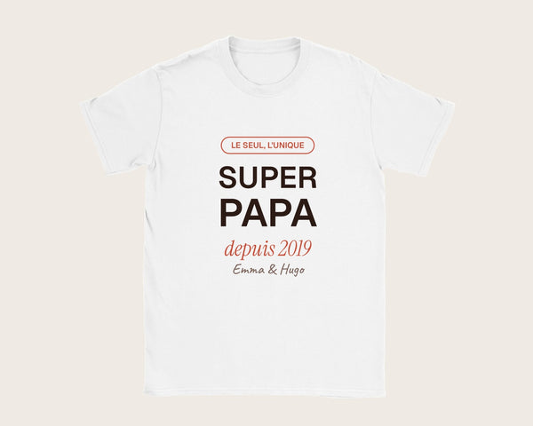 T-shirt « Super Papa » personnalisé avec les prénoms – t-shirt blanc