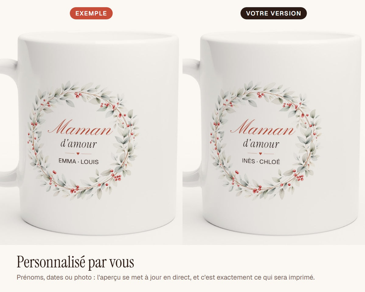 Mug personnalisé « Maman d'amour » avec les prénoms – exemple de personnalisation