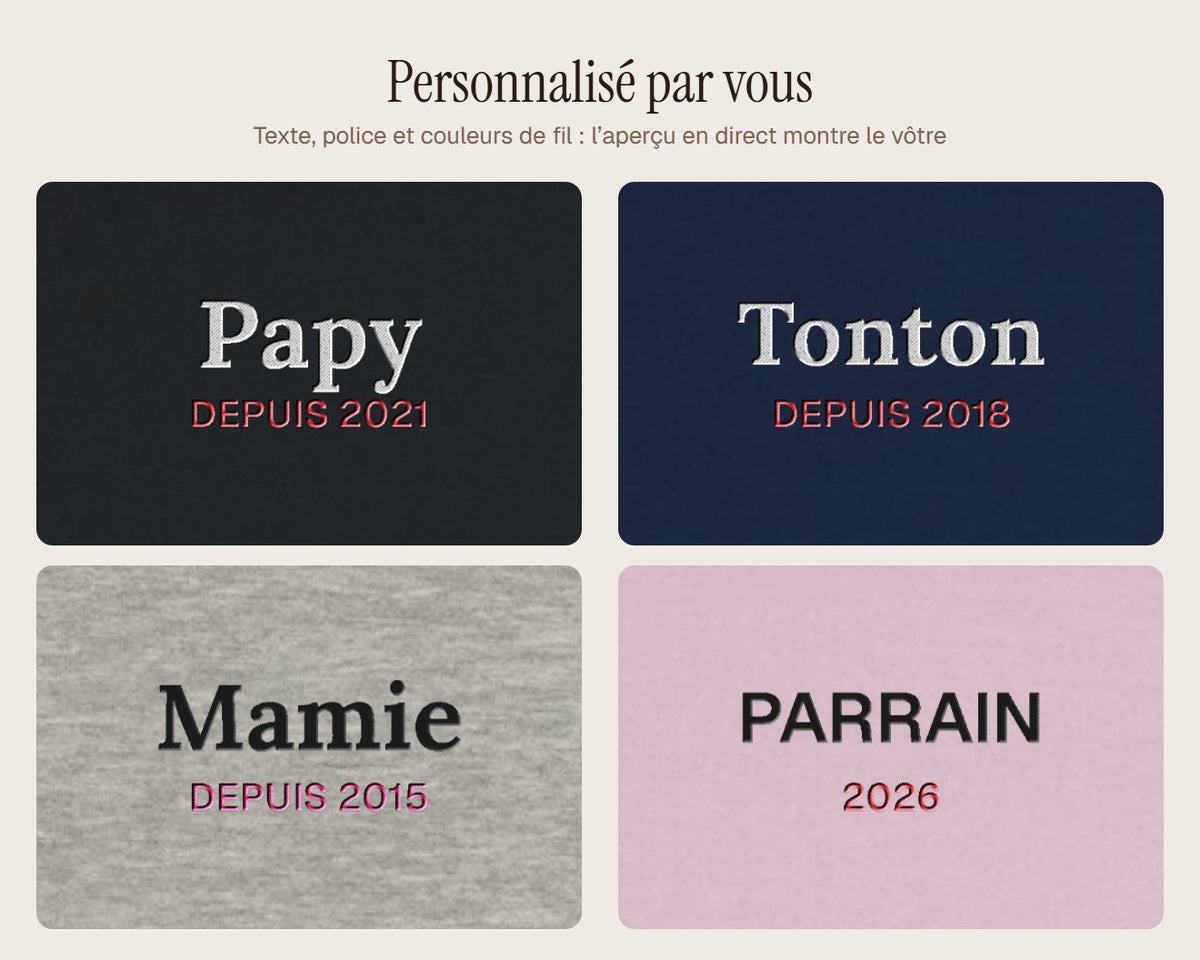 Exemples de personnalisation : Sweat brodé « Papa depuis… » personnalisé