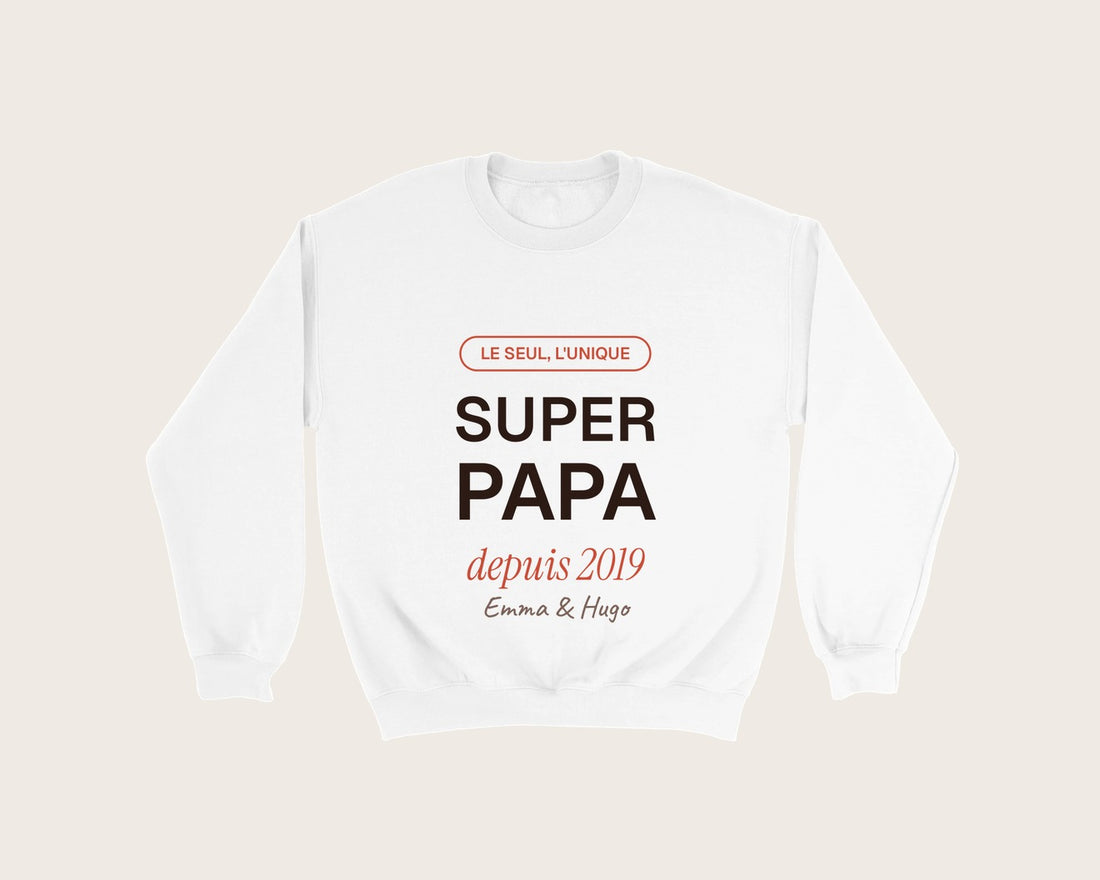 Sweat « Super Papa » personnalisé avec les prénoms – sweat col rond blanc