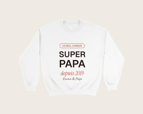 Sweat « Super Papa » personnalisé avec les prénoms – sweat col rond blanc