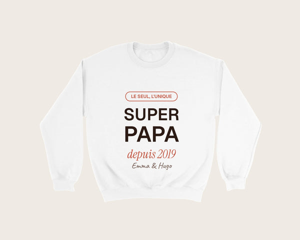 Sweat « Super Papa » personnalisé avec les prénoms – sweat col rond blanc