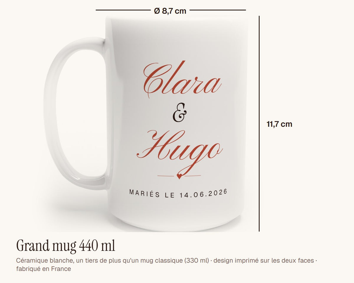 Mug personnalisé mariage avec la date – grand mug 440 ml, 11,7 cm de haut