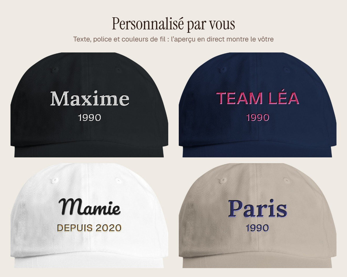 Exemples de personnalisation : Casquette brodée ville et année personnalisée