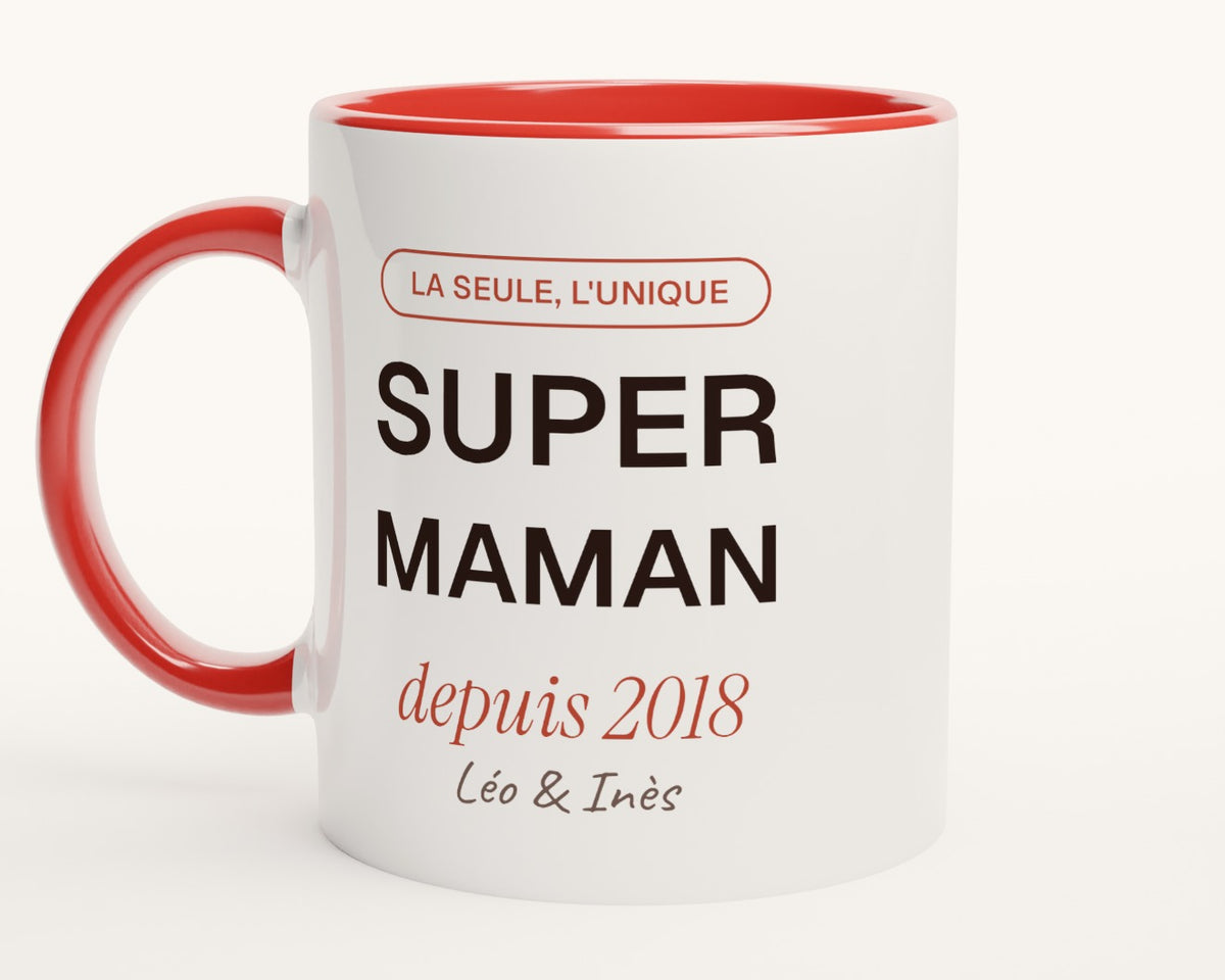 Mug personnalisé « Super Maman » avec l'année et les prénoms – intérieur et anse rouges