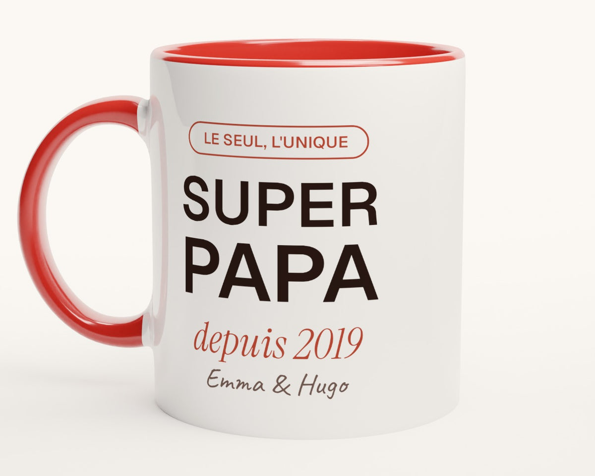 Mug personnalisé « Super Papa » avec l'année et les prénoms – intérieur et anse rouges