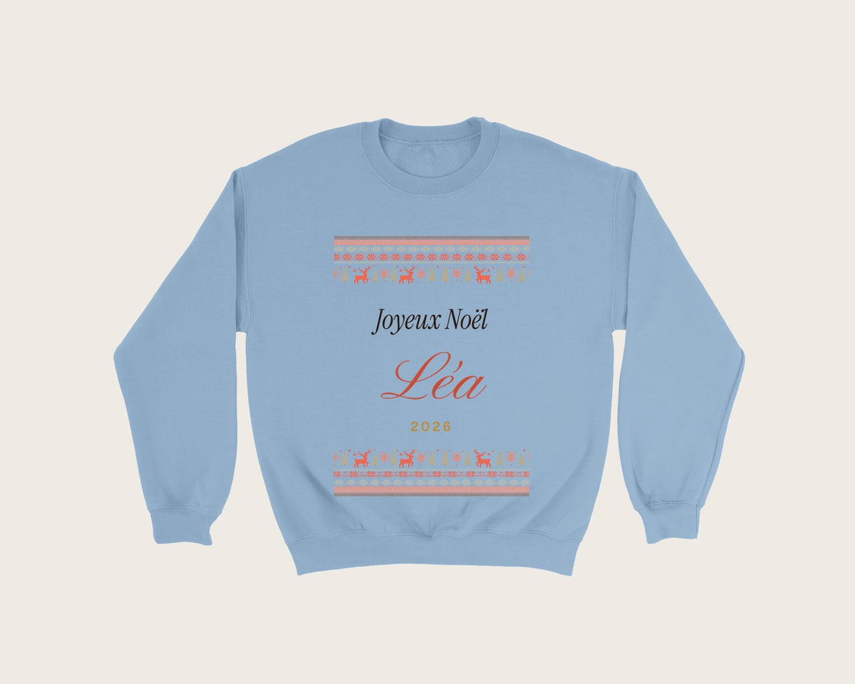 Pull de Noël personnalisé avec prénom (sweat) – sweat col rond bleu ciel